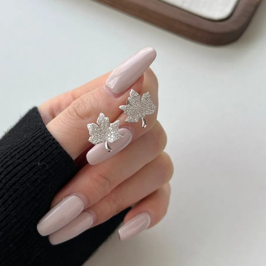 French Maple Leaf Design Micro Inlaid Natural Zircon Gemstone Earrings set in 925 Silver