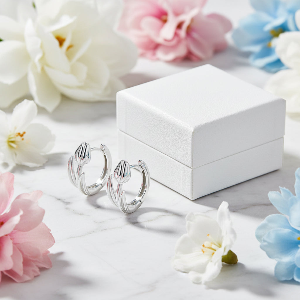 European Tulip Inspired Design Earrings set in Platinum Plated 925 Pure Sterling Silver