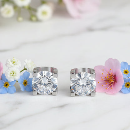 Italian Bull Head Design 2 Carat Moissanite Earrings set in Platinum Plated 925 Silver (GRA) Capella Reya  close up front image