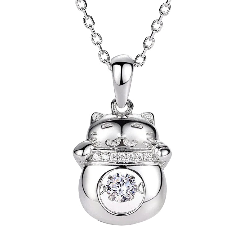 Lucky Cat 0.3 Carat Moissanite Diamond Pendant set in 925 Sterling Silver Necklace