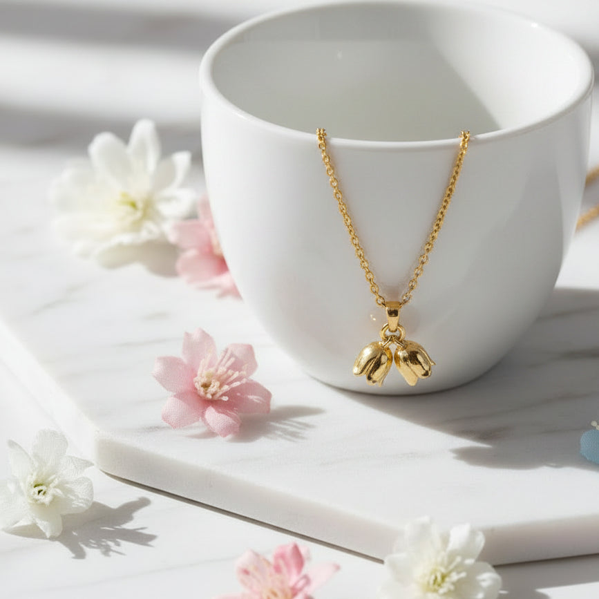 French Lily's Of The Valley Design Necklace set in 18K Gold Plated 925 Sterling Silver