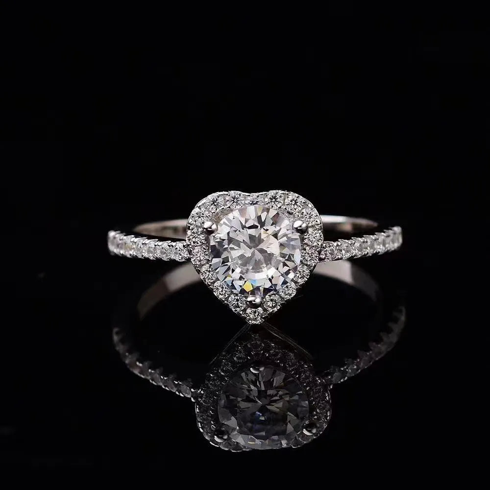 European Diamond Heart 1 Carat Moissanite Diamond Ring set in Platinum Plated 925 Silver (GRA)