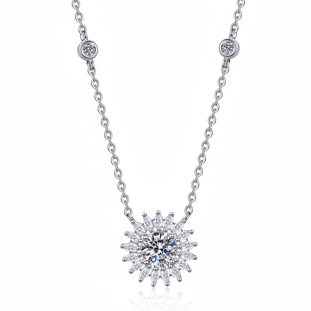 Van Gogh Sunflower 1 Carat Moissanite Diamond Pendant set in Platinum Plated 925 Silver (GRA)