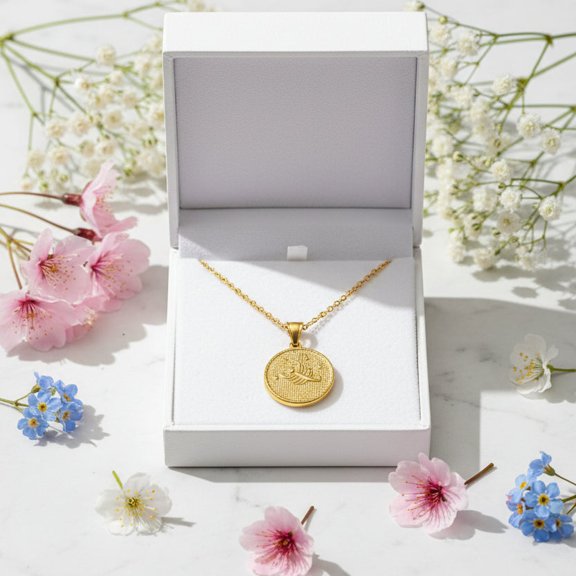 Italian Design Zodiac Sign Gold Roman Coin Pendent Necklace set in 18K Gold Plating