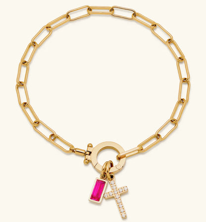 Holy Christian Cross Birth Stone Natural Zircon Gemstone Charm Bracelet set in 18K Gold Plating Capella Jewellery