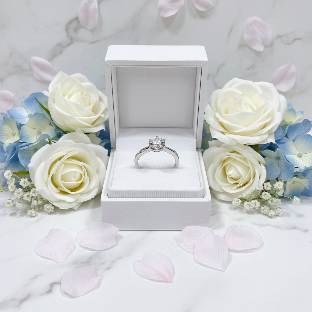 French Solitaire Pavé Inlay 3 Carat Moissanite Diamond Ring set in 18K White Gold 925 Silver (GRA)