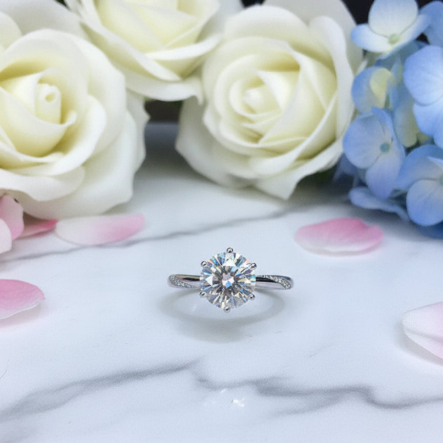 French Solitaire Pavé Inlay 3 Carat Moissanite Diamond Ring set in 18K White Gold 925 Silver (GRA)