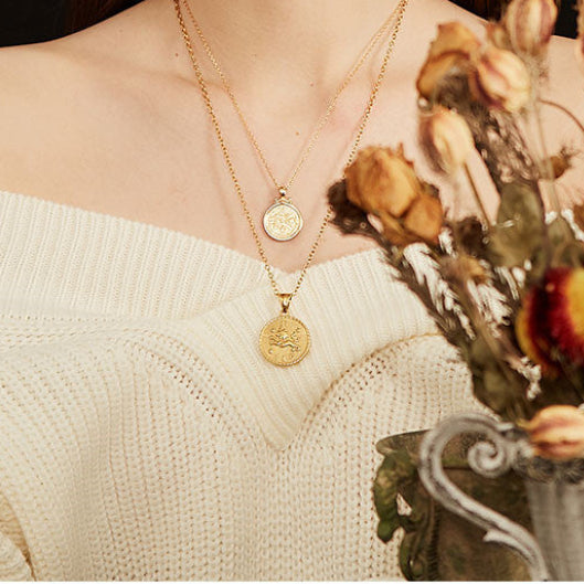 Italian Design Zodiac Sign Gold Roman Coin Pendent Necklace set in 18K Gold Plating