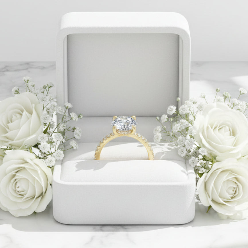 European Solitaire Pavé Inlay Sides 2 Carat Moissanite Ring set in 18K White Gold Plated 925 Silver (GRA) Capella Jewellery