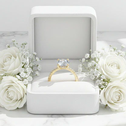 European Solitaire Pavé Inlay Sides 2 Carat Moissanite Ring set in 18K White Gold Plated 925 Silver (GRA) Capella Jewellery