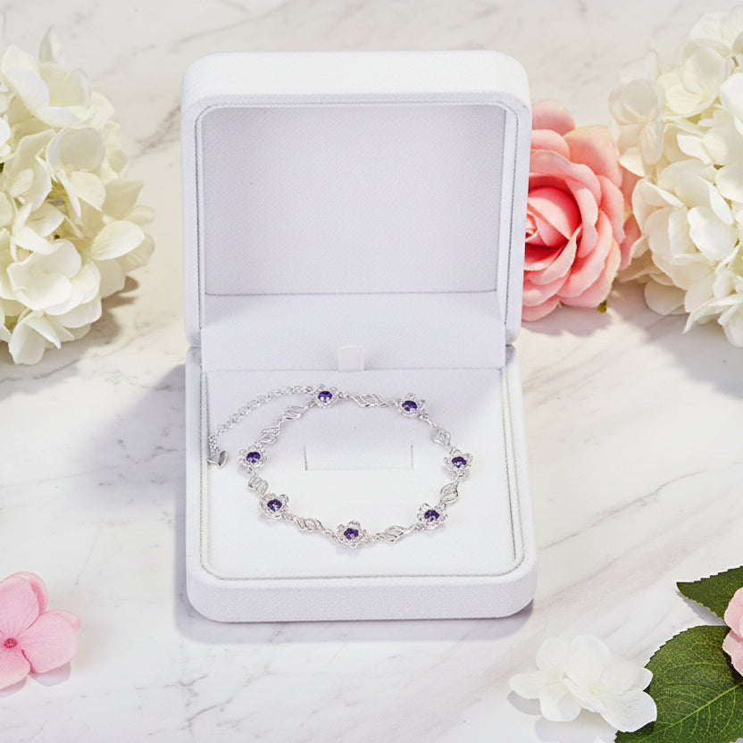 Summer Blossom Pink/Purple Natural Zircon Crystal Bracelet set in 925 Sterling Silver
