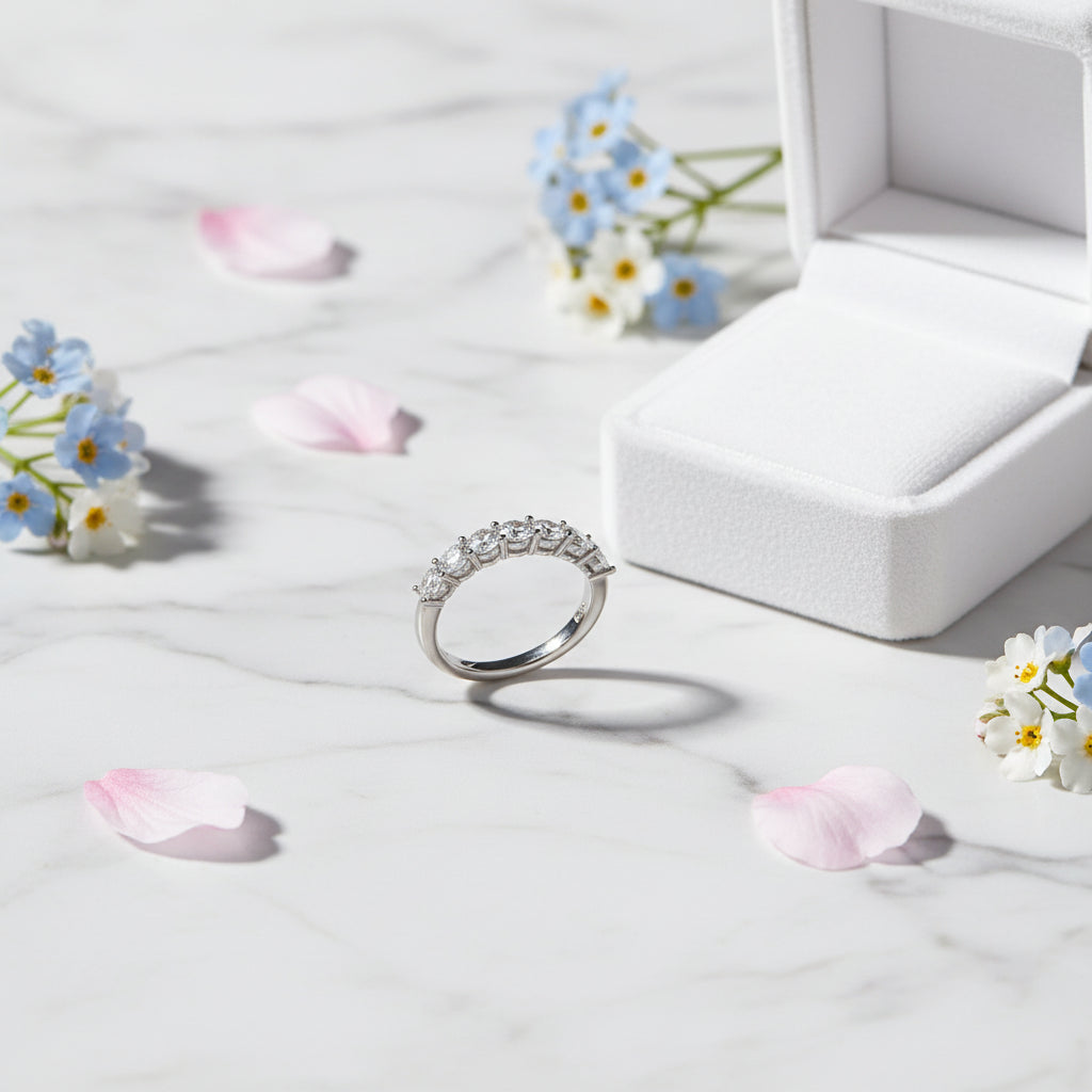 French Eternity Seven 0.7 Carat Moissanite Diamond Ring set in 18K White Gold Plated 925 Silver