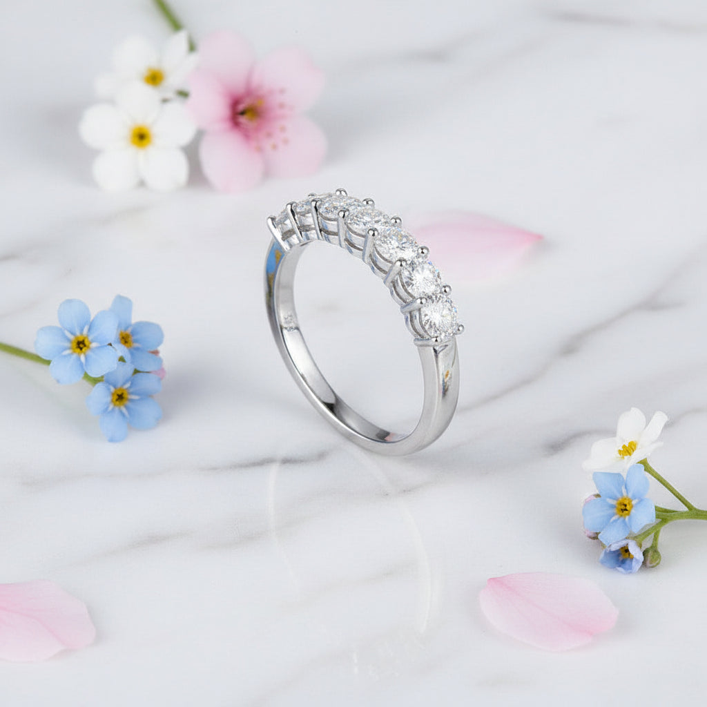 French Eternity Seven 0.7 Carat Moissanite Diamond Ring set in 18K White Gold Plated 925 Silver