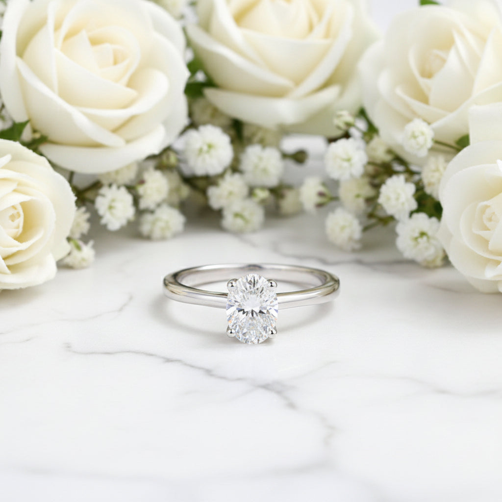 Italian Modern Four-Claw Oval 1 Carat Moissanite Diamond Ring in 18K White Gold 925 Silver (GRA)