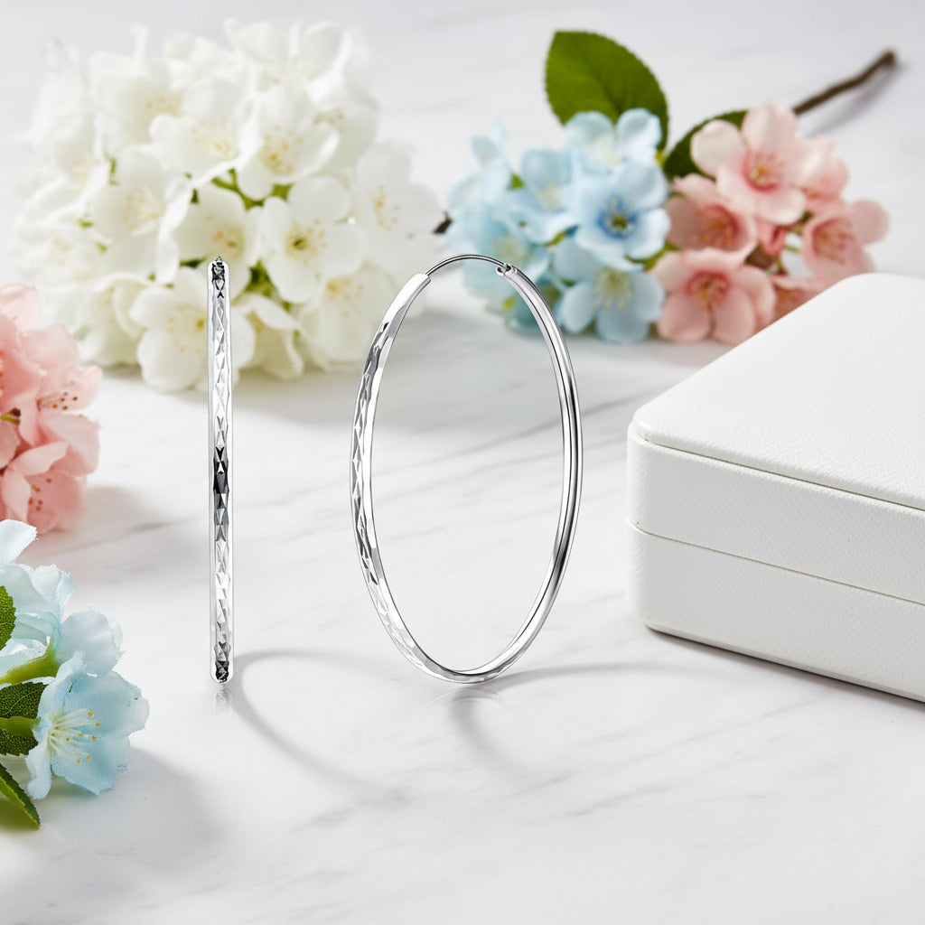 Classic Large Hoop Earrings set in Platinum Plated Fine 925 Sterling Silver