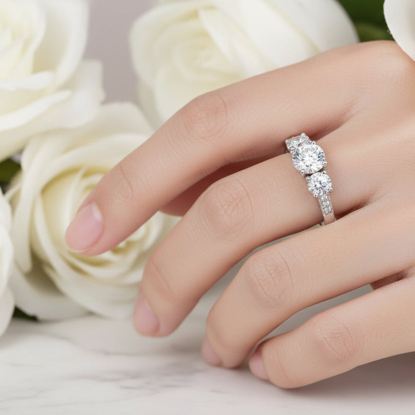 European Three Round 1 Carat Moissanite Diamond Ring set in 18K White Gold Plated 925 Silver (GRA)