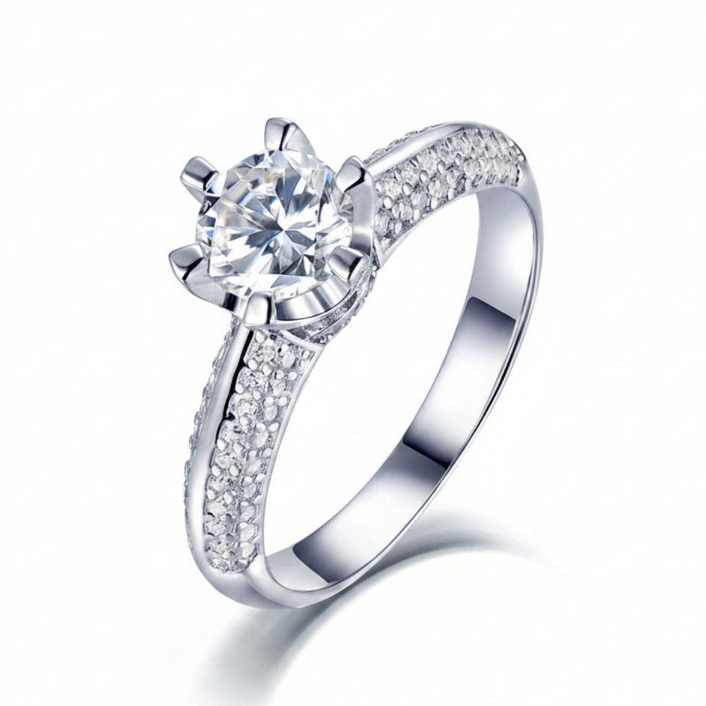 European Six-Claw Pavé 1 Carat Moissanite Diamond Ring in 18K White Gold Plated 925 Silver (GRA)
