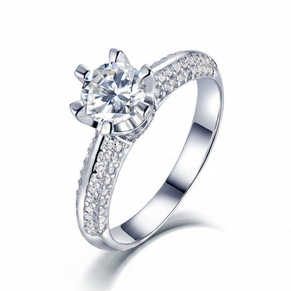 European Six-Claw Pavé 1 Carat Moissanite Ring in 18K White Gold Plated 925 Silver (GRA) Capella Jewellery