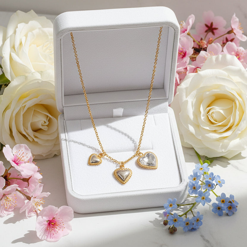 Italian Design Three Hearts Threaded Pendant Necklace set in 18K Gold Plating