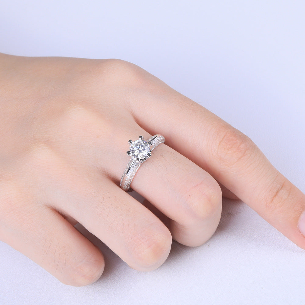 European Six-Claw Pavé 1 Carat Moissanite Diamond Ring in 18K White Gold Plated 925 Silver (GRA)