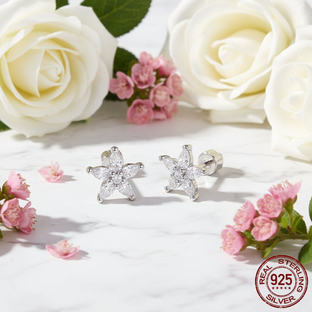 Shining American Star Design Micro Inlaid Natural Zircon Earrings set in Platinum Plated 925 Silver