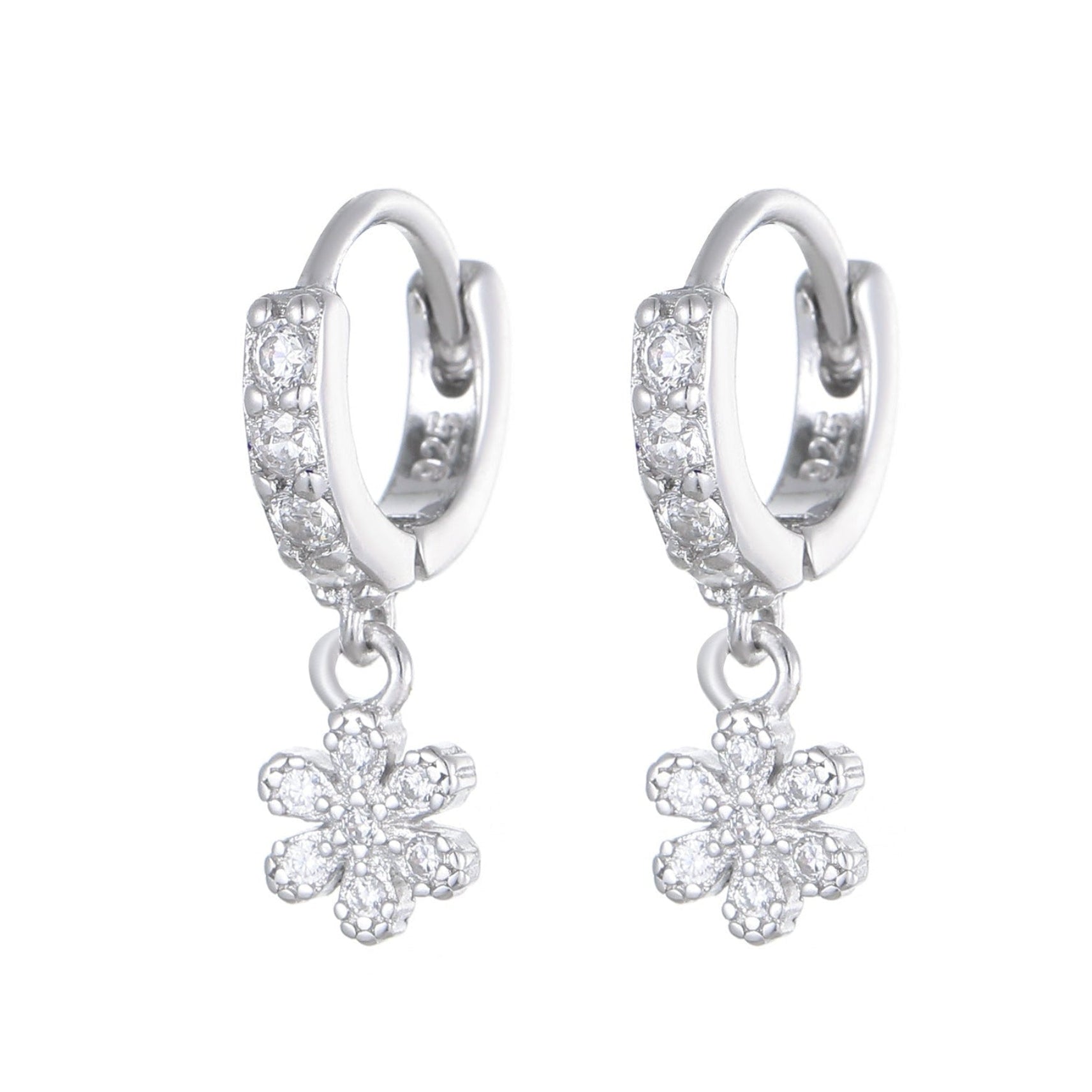 Diamond Flowers Micro Natural Zircon Gemstone Earrings set in Platinum Plated 925 Silver