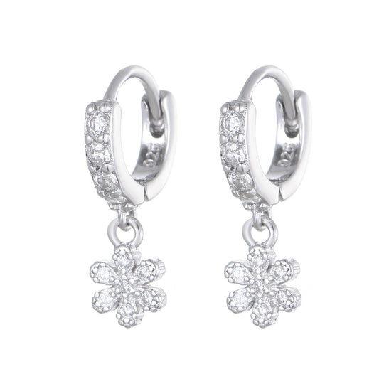 Italian Diamond Flowers Design Micro Natural Zircon Gemstone Earrings set in Platinum Plated 925 Silver