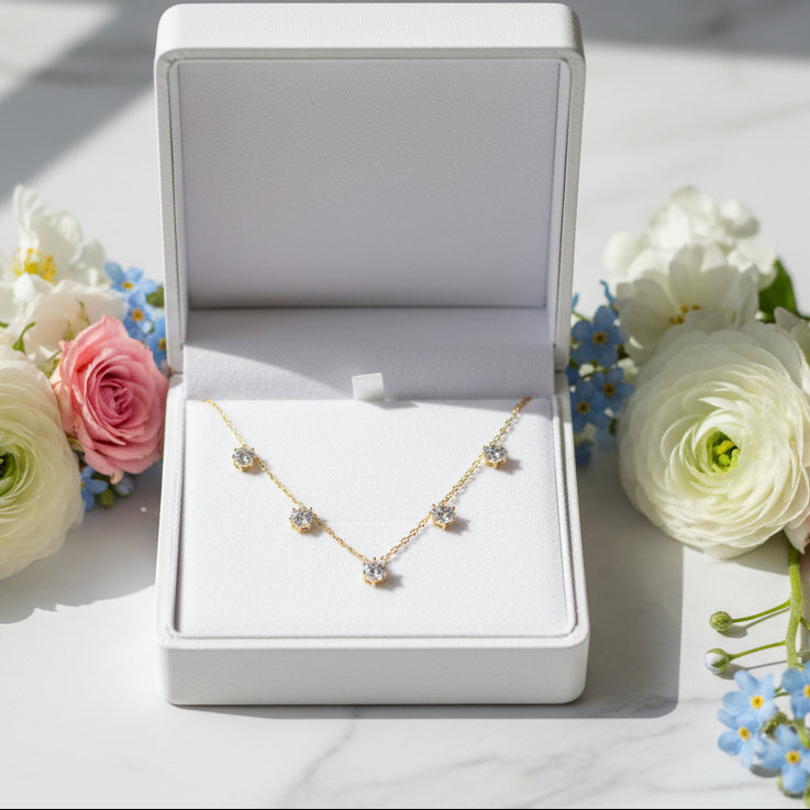 Korean Design Five 1 Carat Moissanite Diamond Necklace set in 18K Gold Plated 925 Silver (GRA)