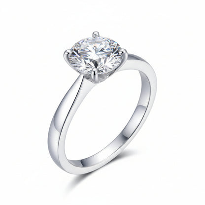 European Four-Claw Solitaire Ring 2 Carat Moissanite set in 18K White Gold Plated 925 Silver (GRA) Capella Jewellery