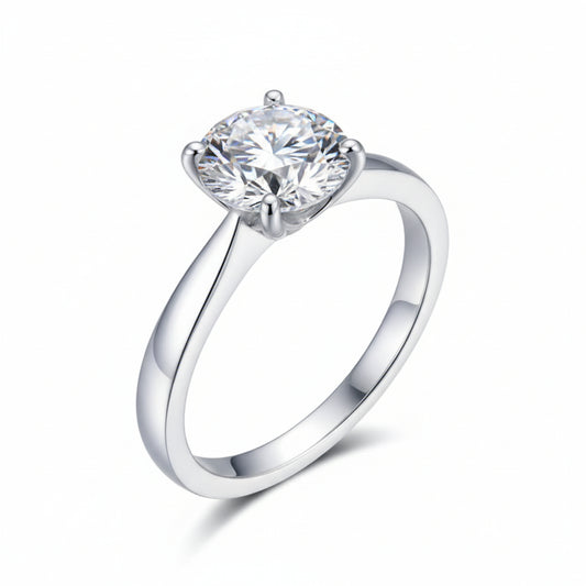 European Four-Claw Solitaire Ring 2 Carat Moissanite Diamond set in 18K White Gold Plated 925 Silver (GRA)
