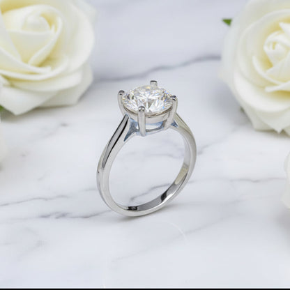 European Four-Claw Solitaire Ring 2 Carat Moissanite set in 18K White Gold Plated 925 Silver (GRA) Capella Jewellery