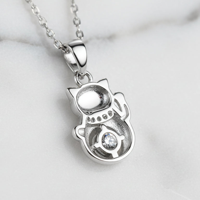 Lucky Cat 0.3 Carat Moissanite Diamond Pendant set in 925 Sterling Silver Necklace