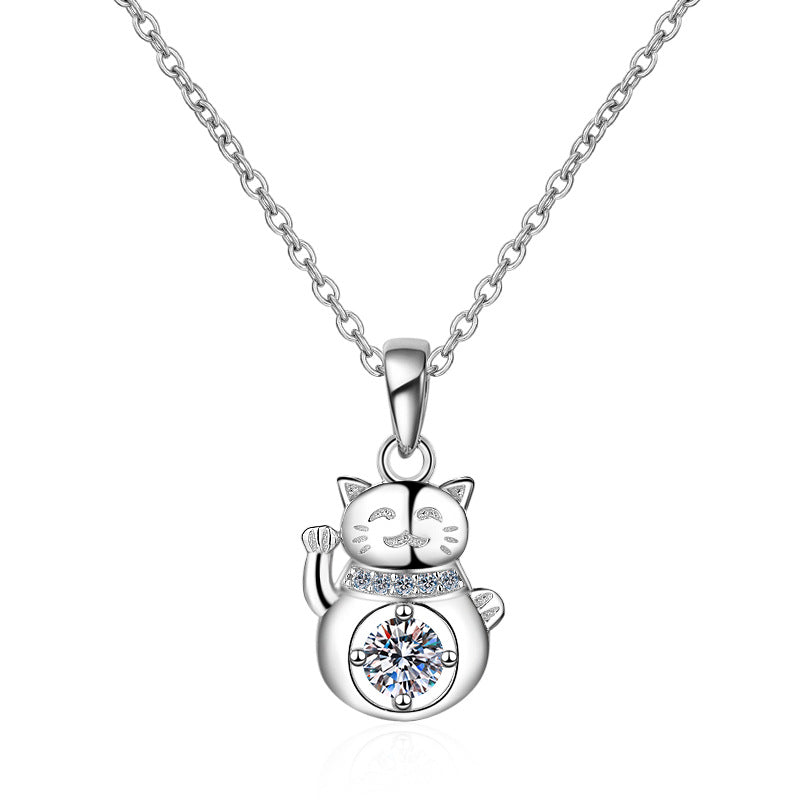 Lucky Cat 0.3 Carat Moissanite Diamond Pendant set in 925 Sterling Silver Necklace