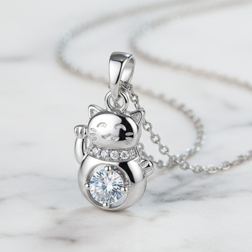 Lucky Cat 0.3 Carat Moissanite Diamond Pendant set in 925 Sterling Silver Necklace