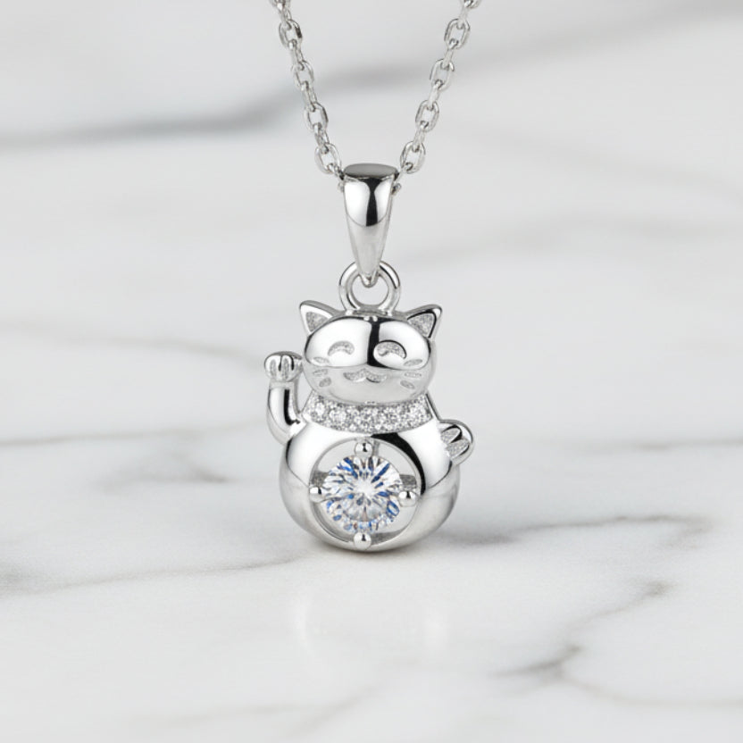 Lucky Cat 0.3 Carat Moissanite Diamond Pendant set in 925 Sterling Silver Necklace