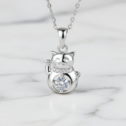 French Lucky Cat 0.3 Carat Moissanite Pendant set in 18K White Gold Plated 925 Silver Capella Jewellery