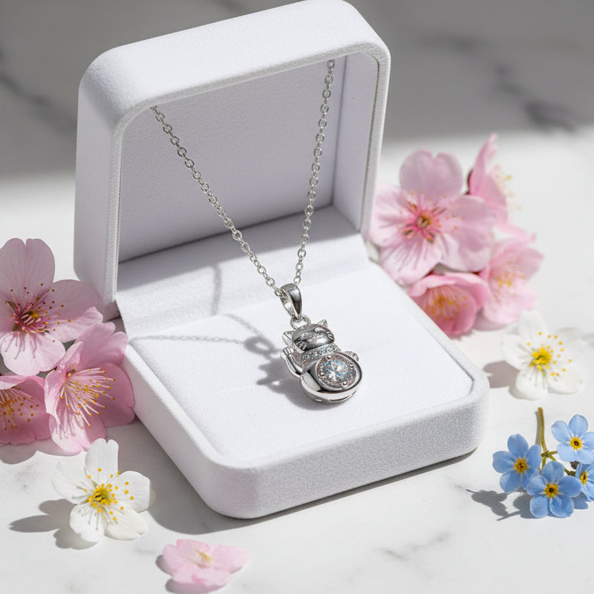 Lucky Cat 0.3 Carat Moissanite Diamond Pendant set in 925 Sterling Silver Necklace