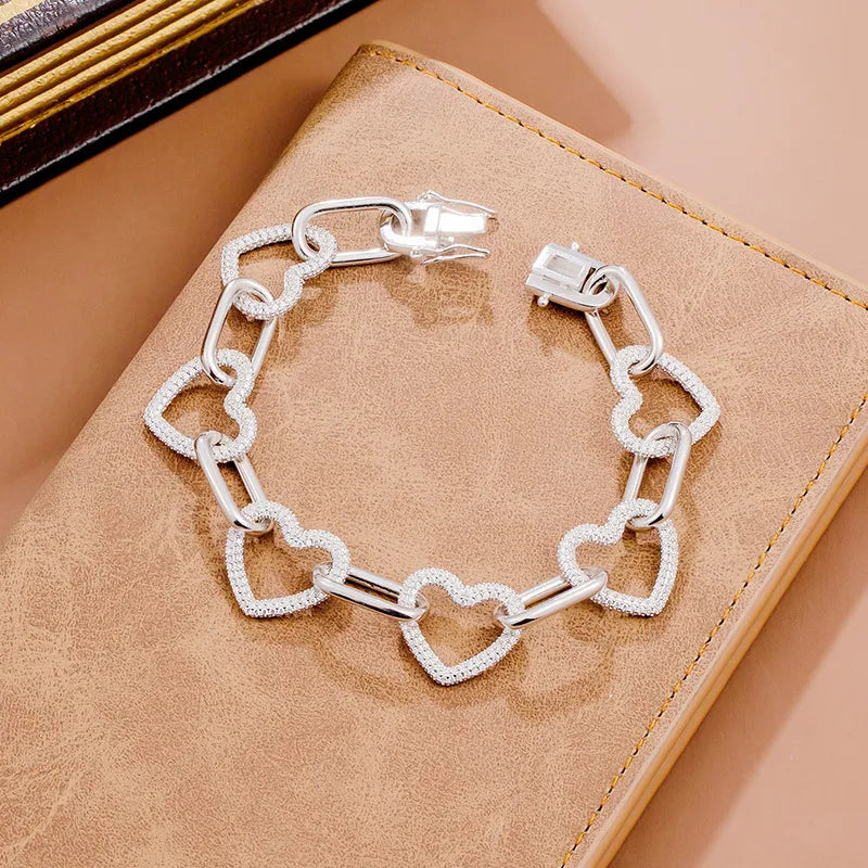Hearts Of Diamonds Micro Natural Zircon Gemstones Bracelet set in 18K White Gold Plated 925 Silver Capella Jewellery