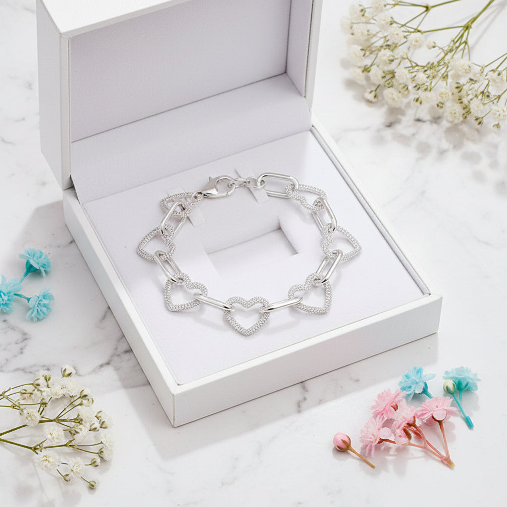 Hearts Of Diamonds Micro Natural Zircon Bracelet set in 18K White Gold Plated 925 Silver