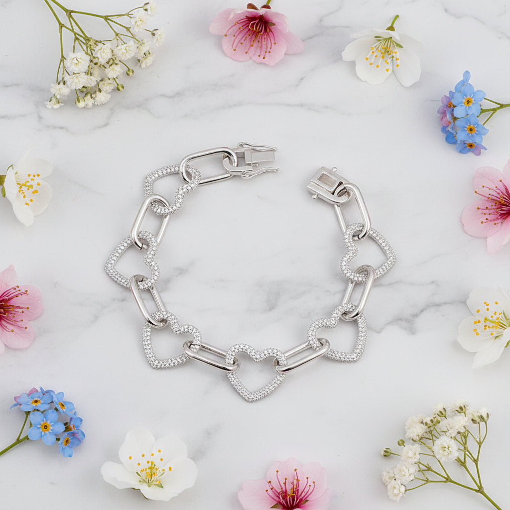 Hearts Of Diamonds Micro Natural Zircon Bracelet set in 18K White Gold Plated 925 Silver
