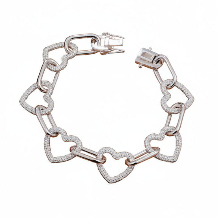 Hearts Of Diamonds Micro Natural Zircon Bracelet set in 18K White Gold Plated 925 Silver