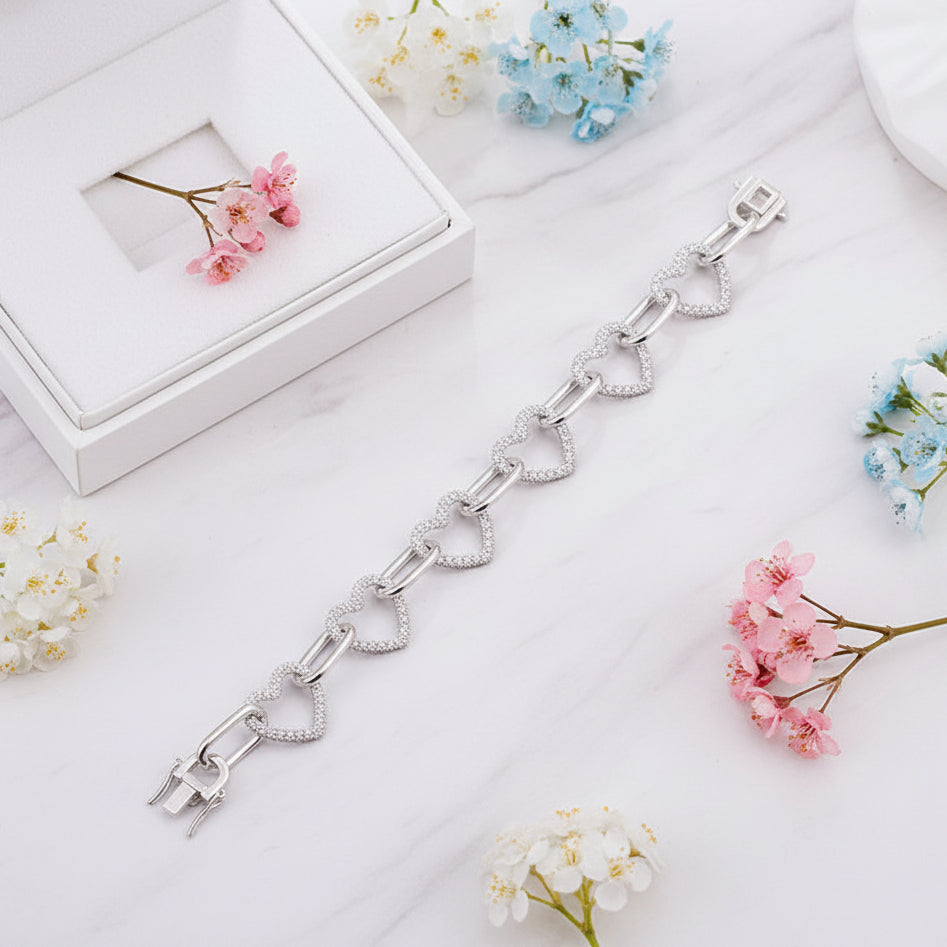 Hearts Of Diamonds Micro Natural Zircon Bracelet set in 18K White Gold Plated 925 Silver