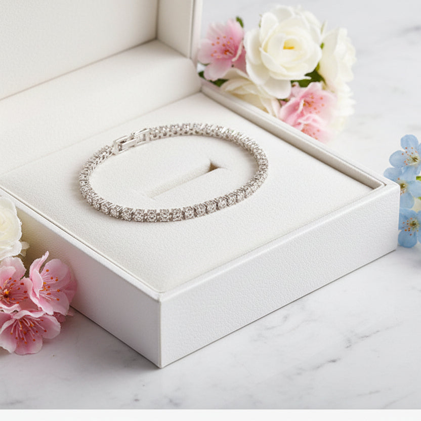 Italian Full Row 0.5 Carat Natural Zircon Gemstone Bracelet set in 18K White Gold 925 Silver Capella Jewellery