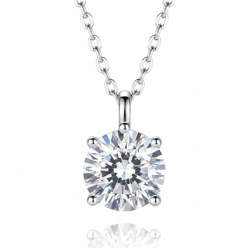 French Round Cut Solitaire 3 Carat Moissanite Diamond Pendant set in 925 Sterling Silver (GRA)