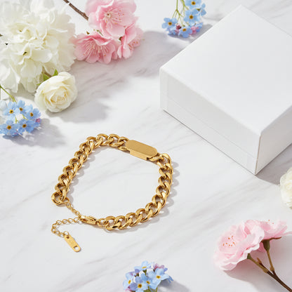 Vintage Italian Inspired Rectangular Brand Thick Curb Chain Bracelet set in 18K Gold Plating Capella Jewellery