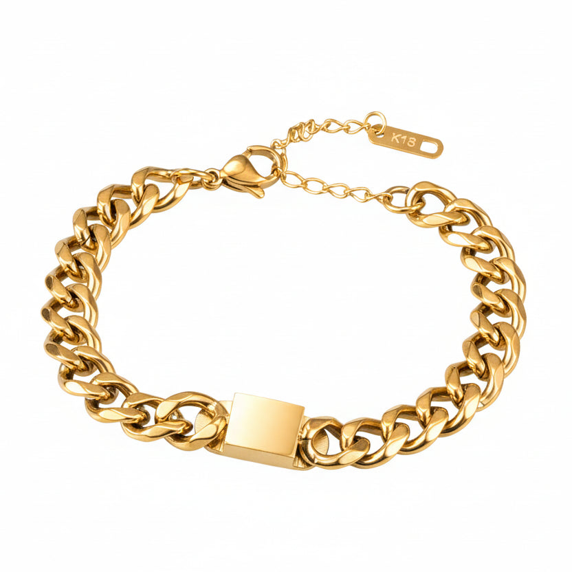 Classic Rectangular Brand Thick Curb Chain Bracelet set in 18K Gold Plating