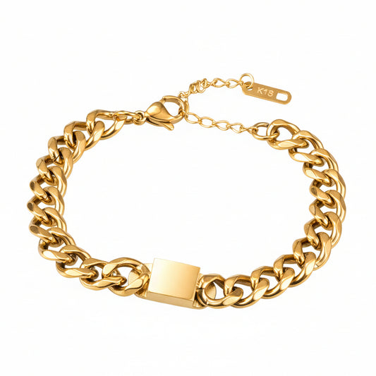 Vintage Italian Inspired Rectangular Brand Thick Curb Chain Bracelet set in 18K Gold Plating