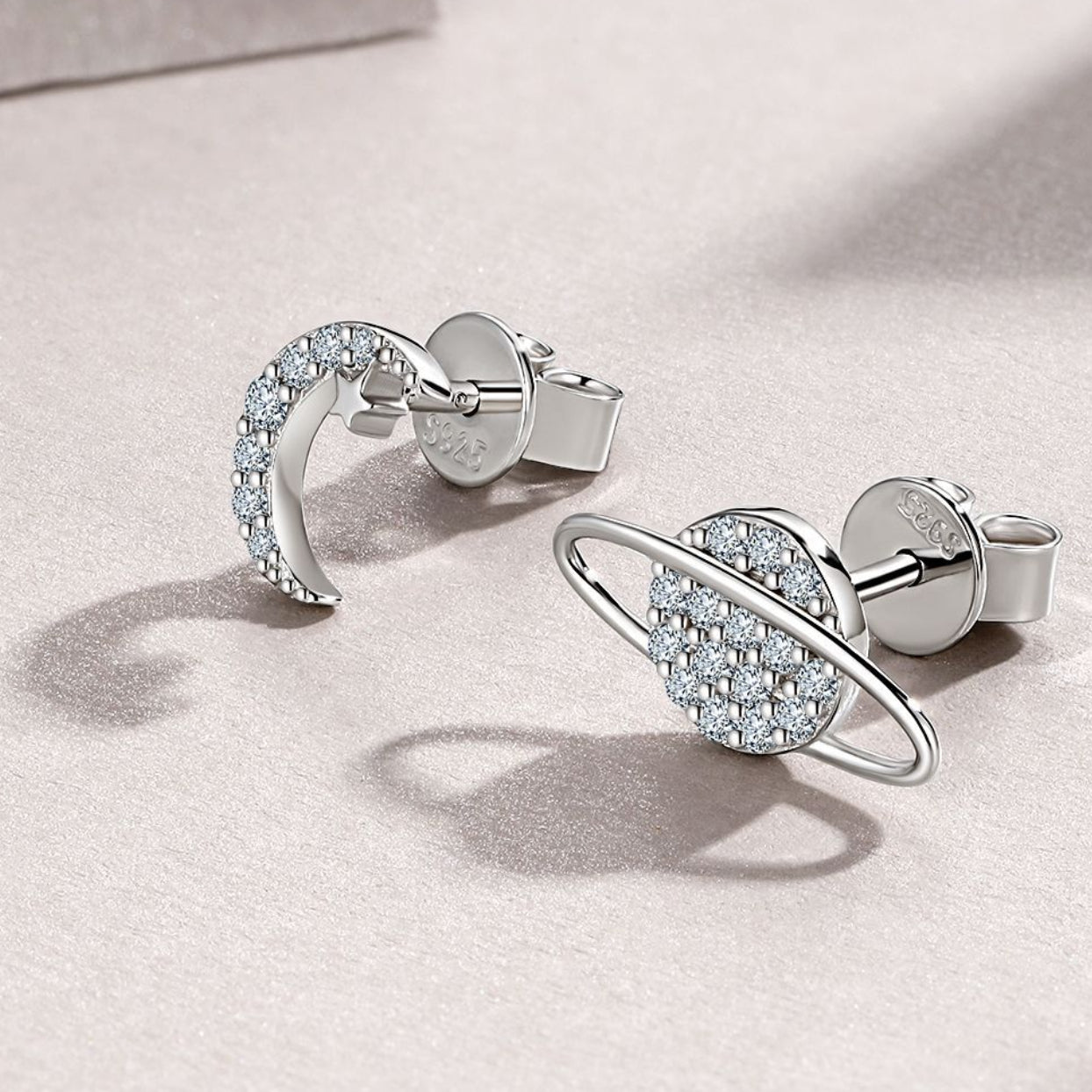Moon & Saturn Micro Inlaid Moissanite Diamond Earrings set in 925 Sterling Silver (GRA)