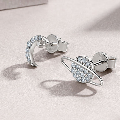 Moon & Saturn Micro Inlaid Moissanite Earrings set in 925 Sterling Silver (GRA) Capella Reya front close up image