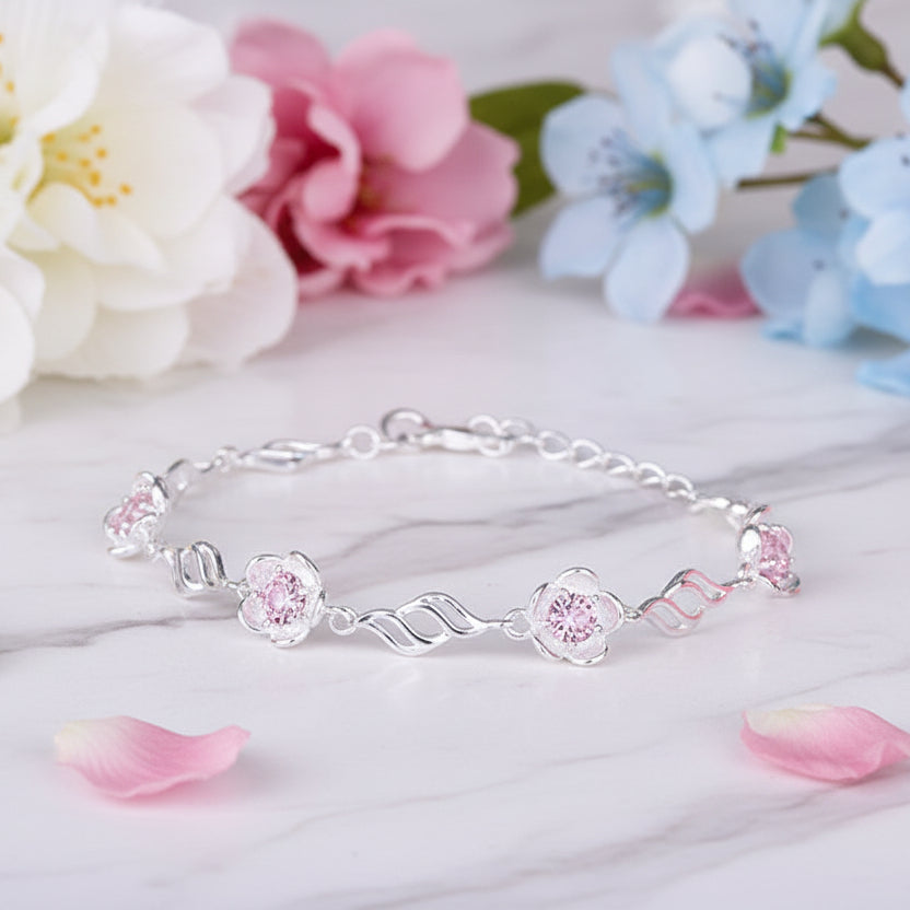 Summer Blossom Pink/Purple Natural Zircon Crystal Bracelet set in 925 Sterling Silver